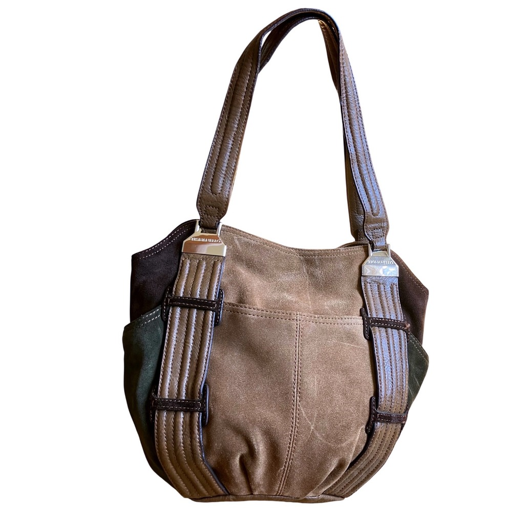 Vtg Tignanello Brown Leather Suede Hobo Shoulder Bag Floral Paisley Lining - Picture 10 of 10